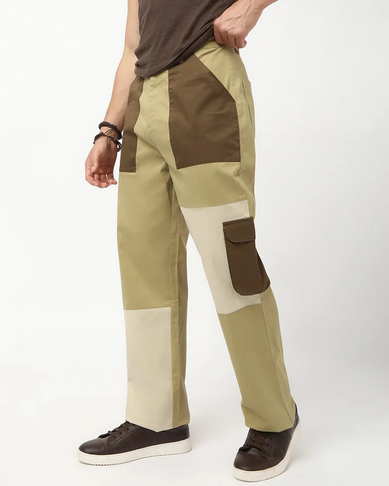 بيواكوف Men's Irish Cream Color Block Straight Fit Cargo Pants